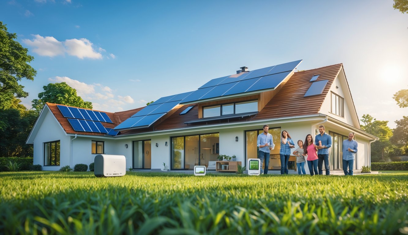 A modern home with solar panels on the roof and a family using energy-efficient devices outside.