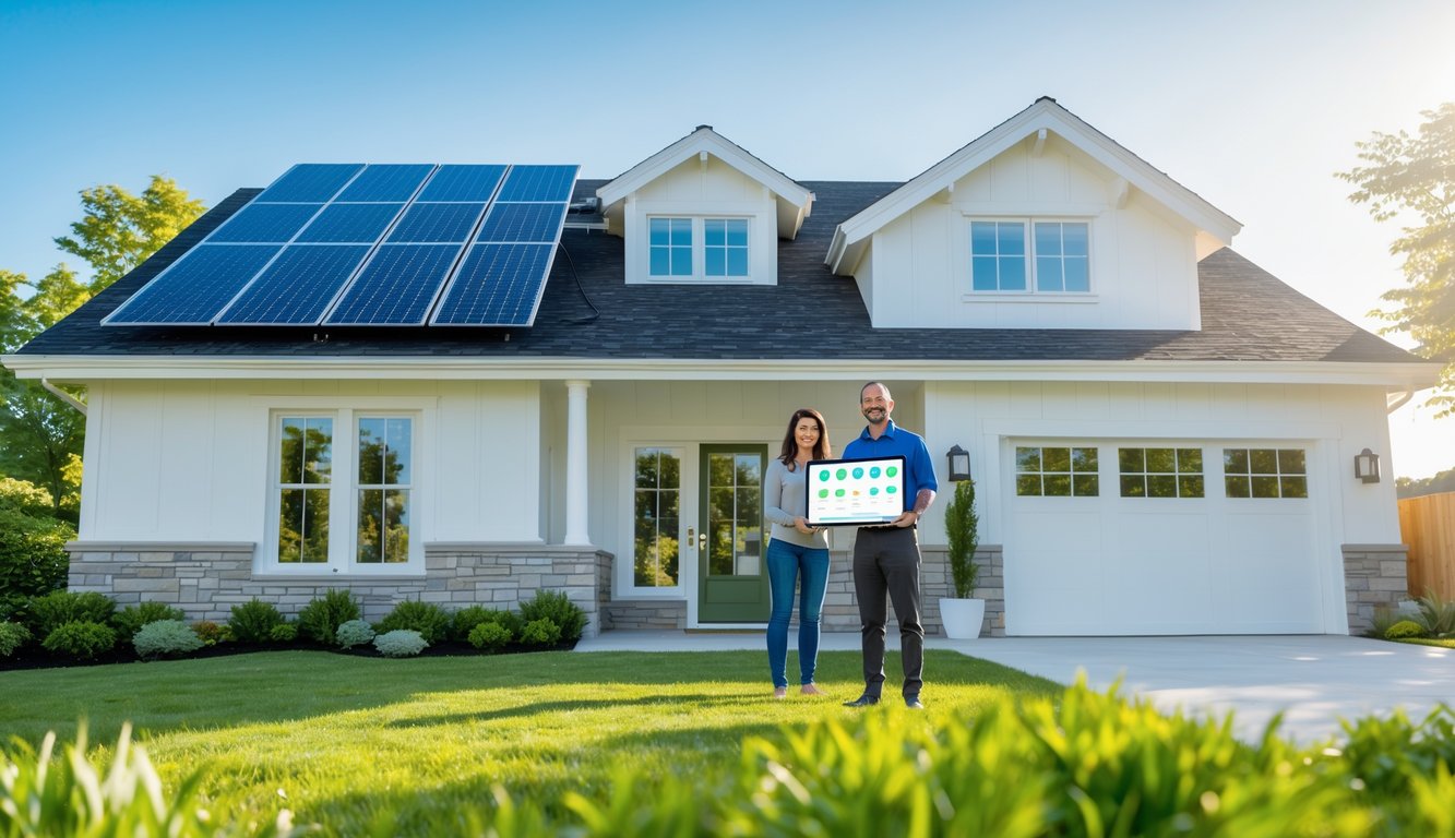 A family standing happily in front of a modern home with solar panels and new windows, talking to a consultant about energy-efficient upgrades.