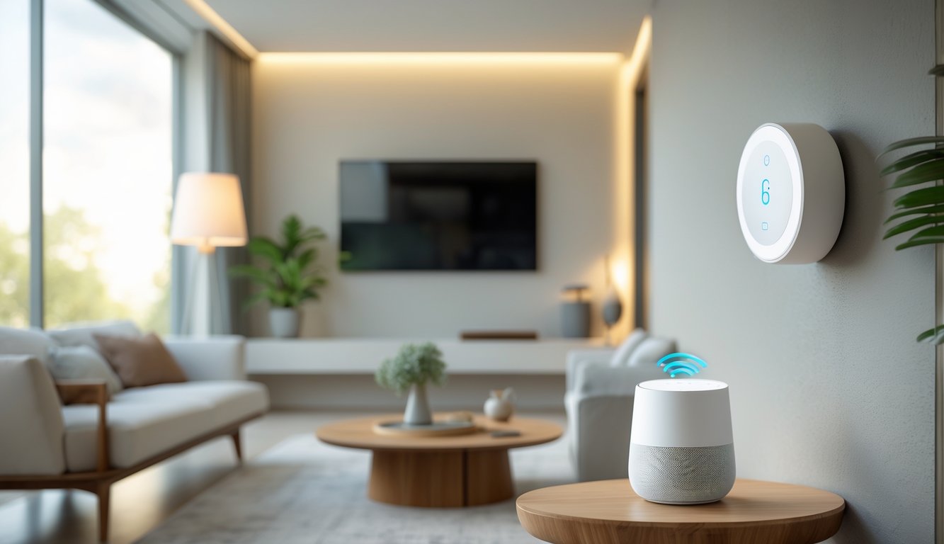 A modern living room with smart home devices including a smart thermostat, voice assistant, and smart lighting integrated into a calm and tidy space.