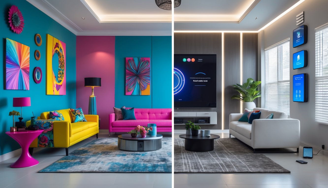 A living room divided into two halves: one side with colorful trendy decor and the other side with modern smart home technology devices integrated into a minimalist design.