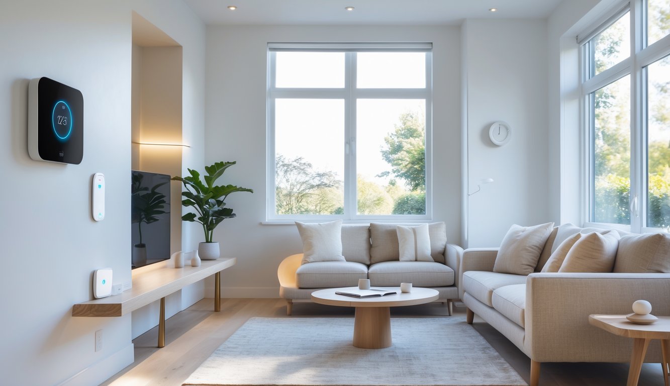 A modern living room with smart home devices including a thermostat, smart speaker, and tablet, showing a calm and functional everyday living space.