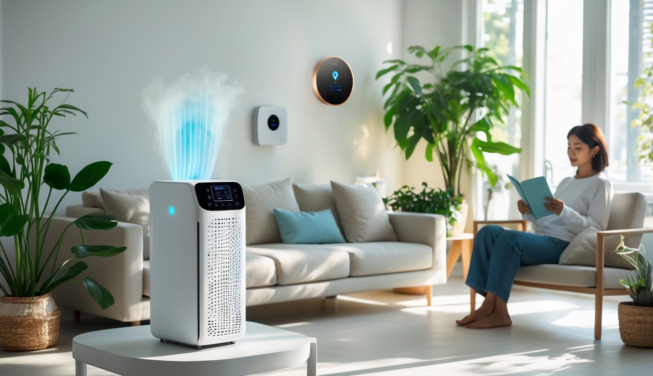 A person sitting calmly in a bright living room with smart air purifier, thermostat, and plants enhancing air quality and wellness.