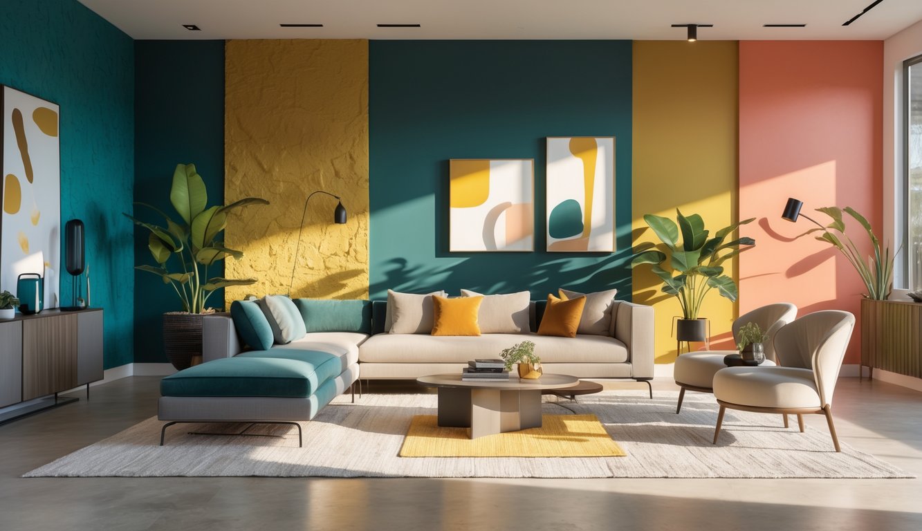A bright living room with colorful painted walls and modern furniture.
