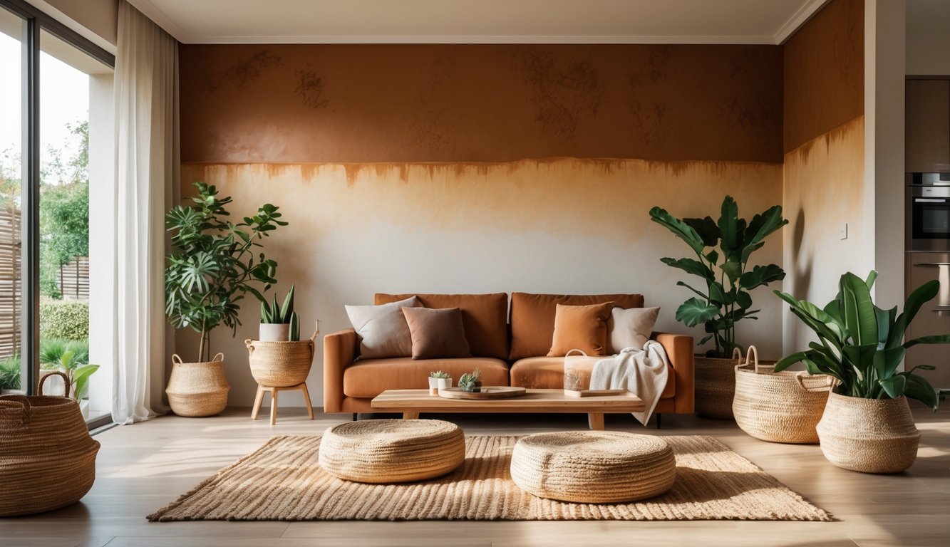A modern living room with warm-toned walls, wooden furniture, plants, and natural light.