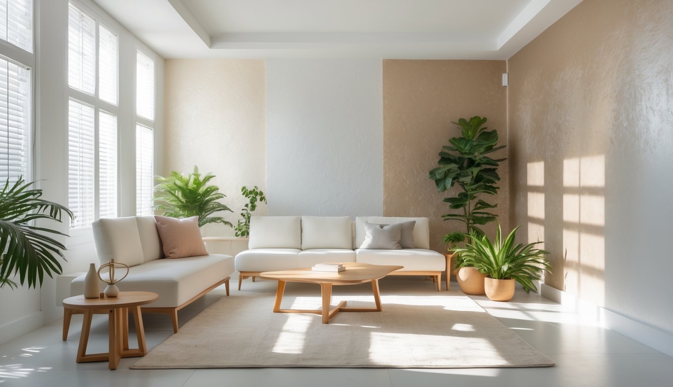 A modern living room with white and neutral textured walls, minimalist furniture, and natural light coming through large windows.