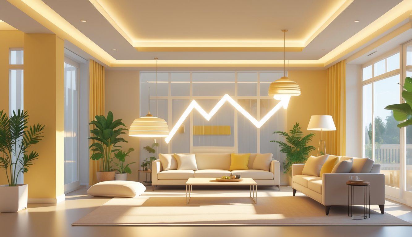 A bright and stylish living room with various lighting fixtures and an abstract light beam graph symbolizing increasing value.