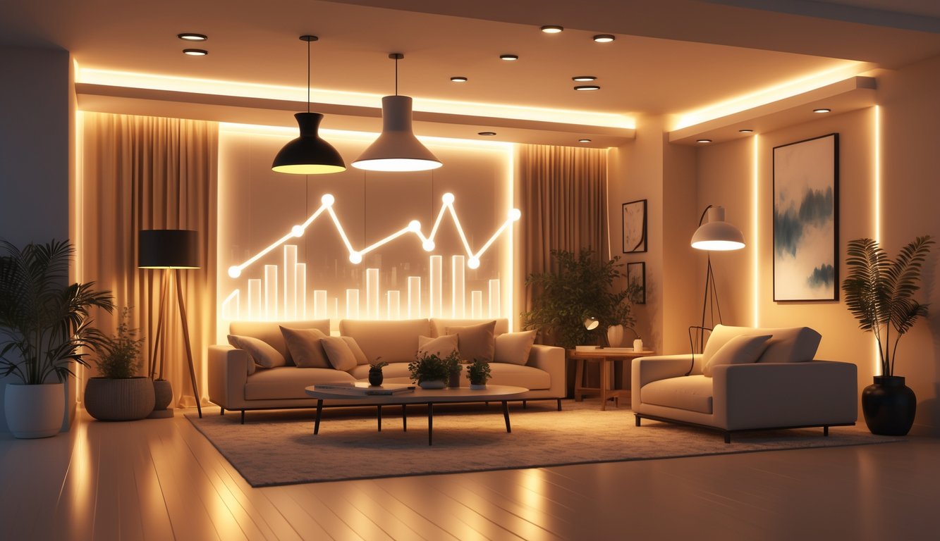 A modern living room with warm ambient lighting from various fixtures, creating a cozy and inviting atmosphere with stylish furniture and decor.