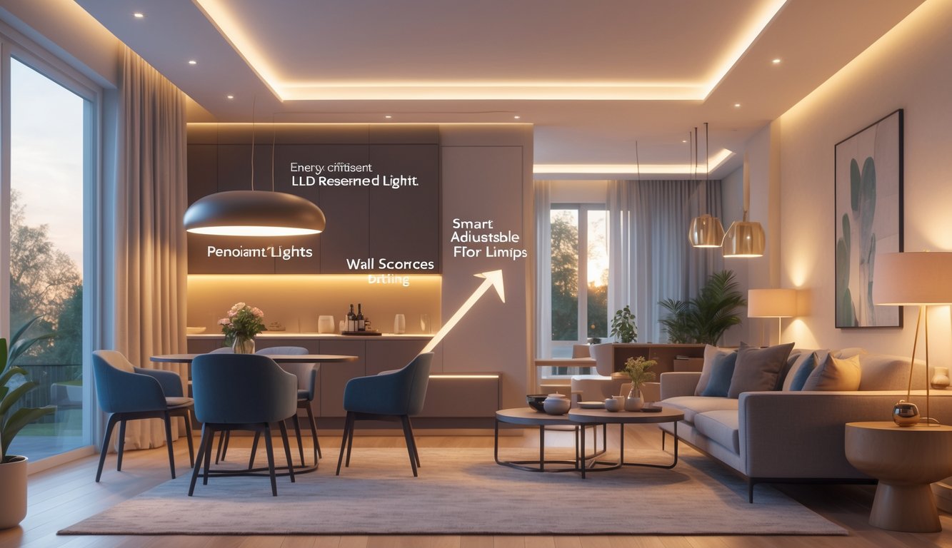 A modern living room showing various types of lighting including recessed ceiling lights, pendant lights, floor lamps, and wall sconces, with a subtle graph indicating increased home value.